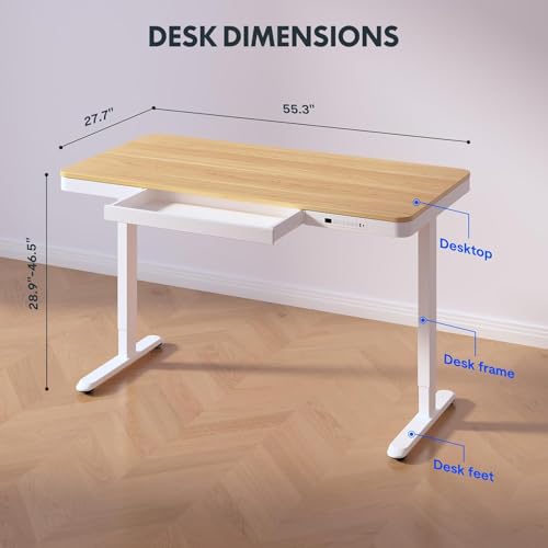 Standing Desk with Drawer, Electric Height Adjustable Home Office Desk with Storage & USB Ports, 55 inch Maple Wood Tabletop/White Frame SANODESK