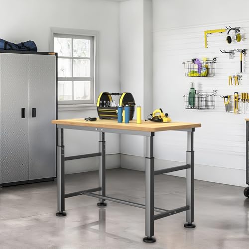 Ultrawall Workbench for Garage, 47.5" Adjustable Height Work Table, Heavy Duty Rubber Wood Workstation for Workshop, Office, Home, 2000 LBS Load Capacity Ultrawall