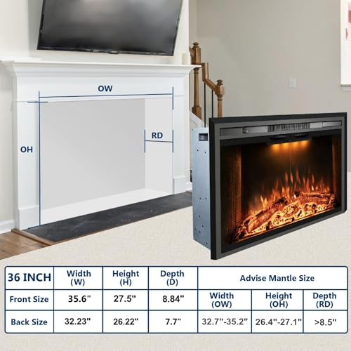 Velaychimney Electric Fireplace Insert, 36 Inches Recessed Fireplace Heater with Adjustable Flame and Top Light Colors, Fire Crackling Sound, Remote Control, Timer, 750W/1500W, Black Velaychimney