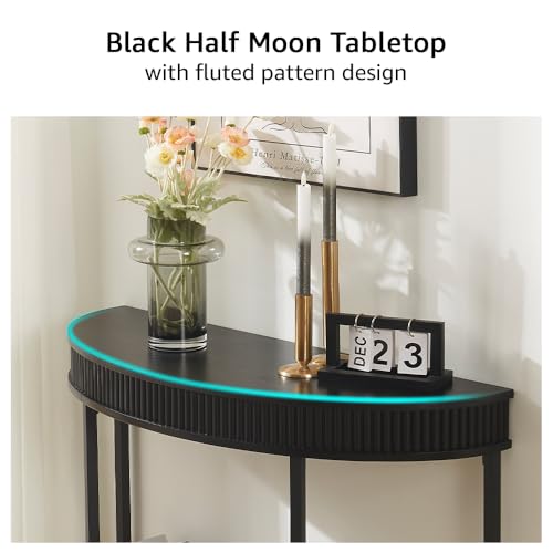 unipaws Fluted Half Moon Console Table, Modern 2-Tier Black Entryway Console, Sofa Back Table for Living Room, Hallway & Foyer (36" Width) unipaws