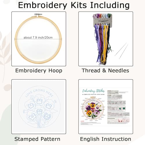 Nuberlic Pansy Flower Embroidery Kit for Beginners Cross Stitch Kits- Complete Starter Set with Hoop, Pre-Printed Fabric, Threads & Needles