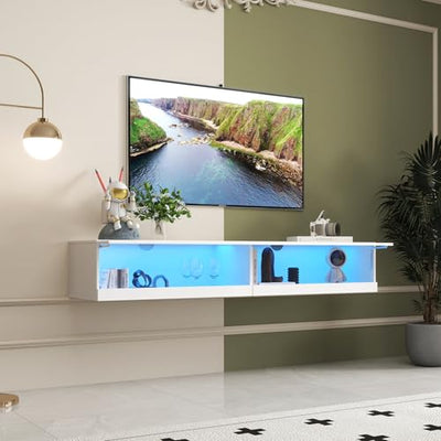 LED Floating TV Stand for 75 inch TV, Modern Wall Mounted TV Shelf with Light String for 55 65 75 Inch TV, Elegant Entertainment Center Equipped with Power Outlet, Front High Gloss TV Console White