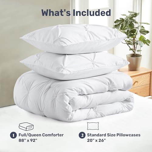 UNIKOME Queen Comforter Set White - Ultra Soft Boho Pintuck Down Alternative Bedding Set for All Seasons, 3 Pieces Lightweight Warm Pinch Pleat Bed Set with Comforter, 2 Pillowcases UNIKOME