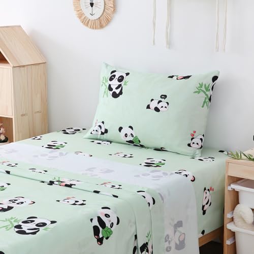 Yibeizi Twin Sheets Set Kids, Sage Green Panda Pattern Microfiber Single Bed Sheets, Cute Soft Oeko-Tex Extra Deep Pocket Sheets & Pillowcases Cooling Hypoallergenic Wrinkle Free Bedsheets Yibeizi