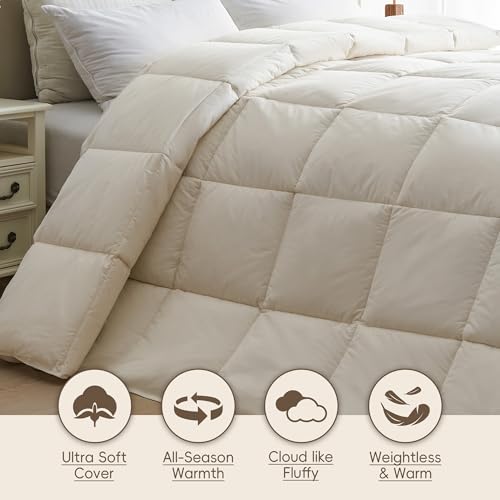 puredown® Goose Feather Down Fiber Comforter Full/Queen Size - 100% Organic Cotton Cover All Season Duvet Insert, Breathable Fluffy Warmth Hotel Luxury Bedding Comforter (88"x90") puredown