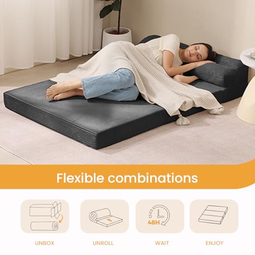 feliz home Folding Mattress Twin, Convertible Sofa Bed Foldable Futon Mattress with Corduroy Cover, Fold Out Floor Couch Bed for Living Room, High-Density Memory Foam, 5'', Grey feliz home