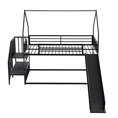 Twin Over Twin Bunk Bed with Slide and Storage Stairs, Heavy Duty Bunk Bed/House Bunk Bed Twin Over Twin, Twin Floor Bunk Beds for Kids, Girls, Boys(Twin Over Twin Black) Bellemave