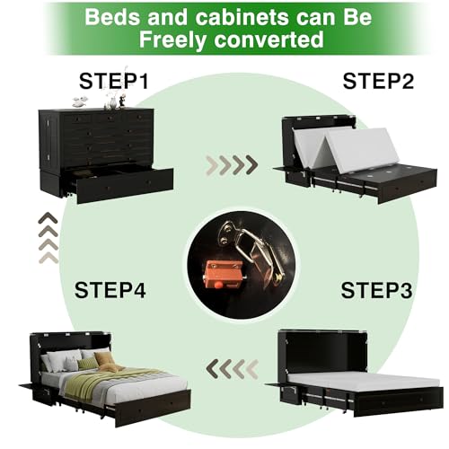 Keloyid Queen Murphy Bed Included Mattress:Wood Murphy Bed Cabinet with USB Charging Station and Large Storage Drawer for Bedrooms/Guest Rooms/Apartments, Black-13 Keloyid