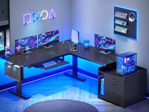 SEDETA L Shaped Electric Standing Desk with File Cabinet, 63 x 53'' Height Adjustable Home Office Computer Desk with Drawers, Power Outlet, Stand up Gaming Table with Led Lights, Keyboard Tray, Black SEDETA
