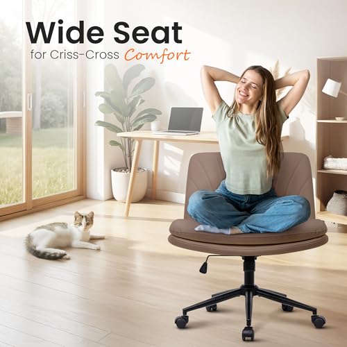 NEO Chair Criss Cross Chair with Wheels Armless Cross Legged Office Desk Wide Comfy Vanity Makeup Chair Adjustable Swivel Rolling Computer for Home Office PU Leather (Brown) NEO CHAIR