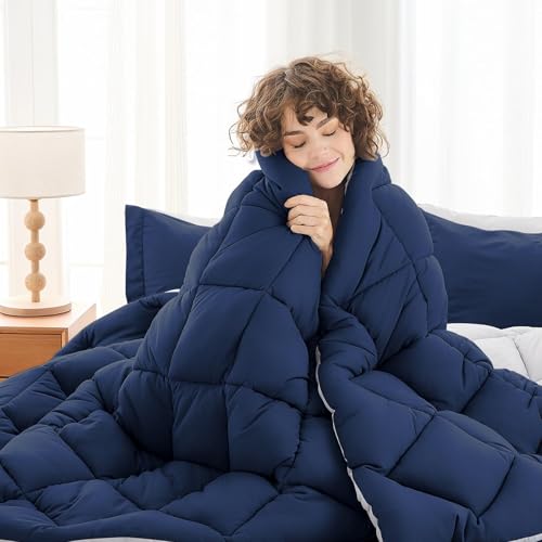 MUXHOMO 5 Pieces Twin Comforter Set, Reversible Bed in a Bag Twin Size, All Season Bedding Set with Comforter, Flat Sheet, Fitted Sheet, Pillowcases & Shams, Navy & Light Grey MUXHOMO