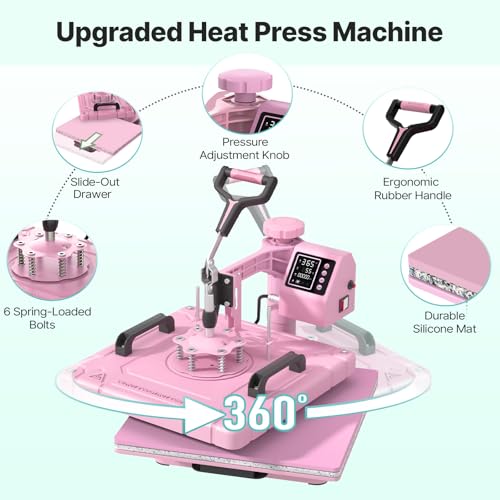 Slendor 8 in 1 Heat Press Machine 15x15 inch 360-Degree Swing Away Digital T Shirt Pressing Machine Multifunction Heat Transfer Sublimation Combo for T Shirts Mugs Hat Plate Cap,Pink Slendor