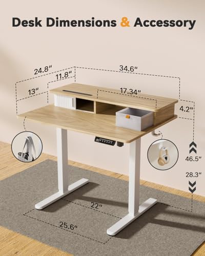 JOY worker Small Electric Standing Desk, 35" x 25" Height Adjustable Desk with Built-in Monitor Stand & Storage Drawer, White Sit Stand Desk with 2 Hooks for Home Office, Light Walnut JOY worker