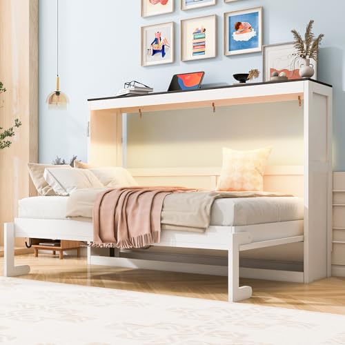 Twin Size Murphy Bed with LED Light, Foldable Wall Cabinet Bed, Hidden Design (White) BEDGJH