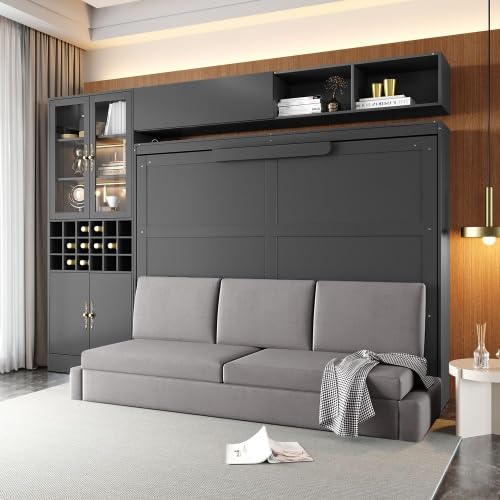 CITYLIGHT Queen Size Murphy Bed with Wine Rack, Storage Cabinet and Shelves, Wooden Wall Bed Frame with Sofa, USB Ports and LED Lights (Gray) CITYLIGHT