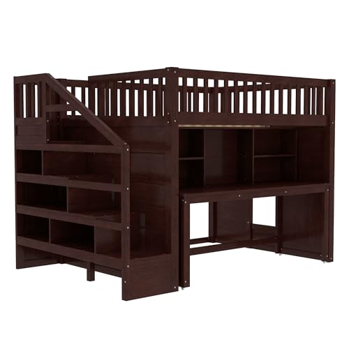 Bellemave Full Loft Bed with Stairs and Movable Desk and Shelves, Wood Loft Bed with Storage Stairs for Kids, Teens, Adults, Espresso Bellemave