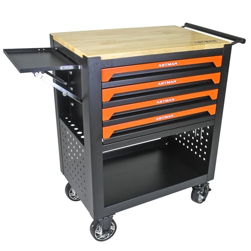 Campfun 4 Drawers Tool Box with Wheels Rolling Tool Cart with Drawers, Workbench Tool Box, Wooden Top Tool Boxes, Metal Multifunction Tool Cart for Campfun