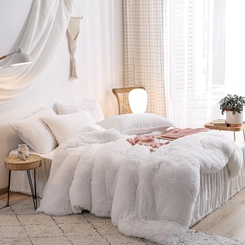 HAIHUA Faux Fur White Comforter Cover Twin Set, Fuzzy White Twin Bedding Set 2 Pieces (1 Fluffy Duvet Cover + 1 Plush Plush Pillow Cases) Furry Bed Set, Fluffy Bed Set, Zipper Closure HAIHUA