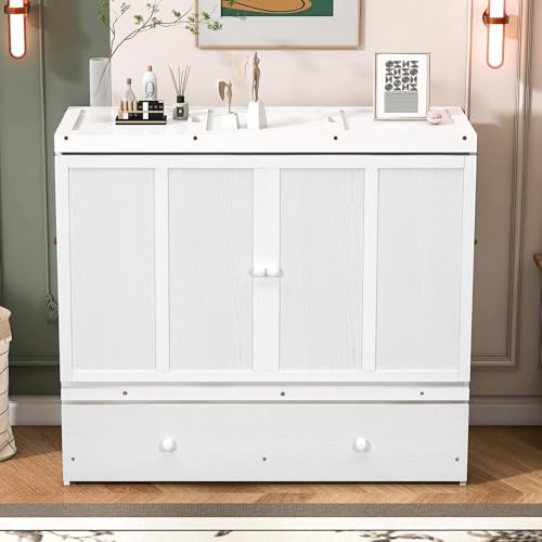 Merax Murphy Bed Cabinet Full Size with Storage Drawers, Chest Cube Bed for Guest Room, Built-in Sockets & USB Ports, for Home Office or Small Bedroom, White Merax