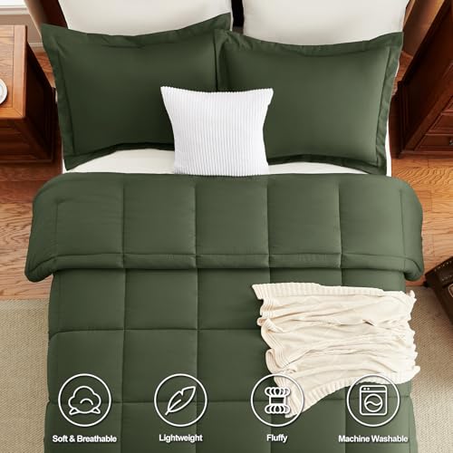 CozyLux Full Size Comforter Sets - Olive Green Comforter Full Size, 3 Pieces Box Stitched Bed Set for All Seasons, Soft Lightweight Bedding Sets with 1 Down Alternative Comforter and 2 Pillow Shams CozyLux