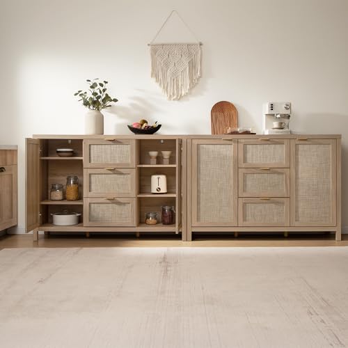 SICOTAS 52" Larger Sideboard Buffet Coffee Bar Cabinet with Storage - Farmhouse Rattan Credenza Storage Cabinet with 3 Drawers and 2 Doors, Boho Console Table for Living Room, Kitchen, Light Oak SICOTAS
