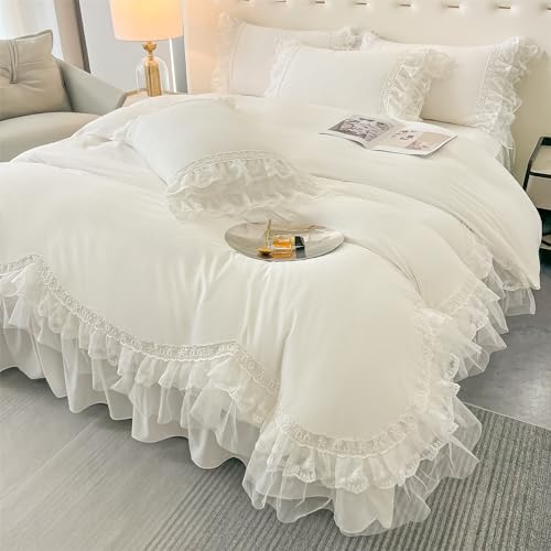 MOOWOO Chic Ruffle Lace Polyester Duvet Cover Set -Girl White Bedding-2 Piece Twin Duvet Cover with Zipper Closure -Ultra Soft and Light Weight (White,Twin) MOOWOO