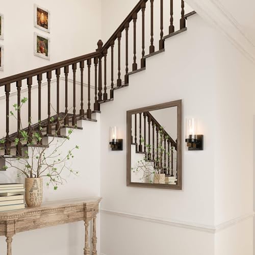 KSANA Black Wall Sconces, Farmhouse Faux Wood Wall Light Fixtures with Seeded Glass Shade for Bedroom, Bathroom, Living Room KSANA