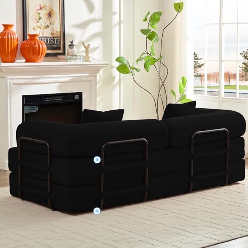 Mjkone 78.7"W Convertible Folding Mattress Couch with Armrest, Corduroy Floor Sofa Bed with Metal Fixed-Shape Frame, 5-in-1 DIY Futon Lazy Sofa Cama Lounge Couch for Living Room Bedroom Studio, Black Mjkone
