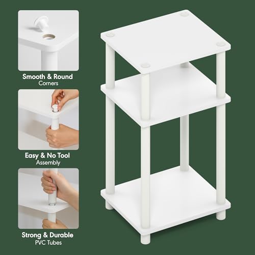 Furinno JUST Side Table, 3-Tier End Table, Open Shelves Night Stand, Bedside Table, Toolless Assembly, for Living Room, Bedroom, Bathroom, White Furinno