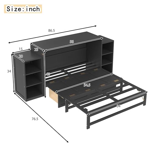 KEIKI Full Size Murphy Bed Chest, Folding Cabinet Wall Bed Frame with Storage Drawers & Shelves, Space Saving Hideaway Cabinets Beds Frames for Apartment Bedroom Guest Room, Wood Slat Support, Gray KEIKI