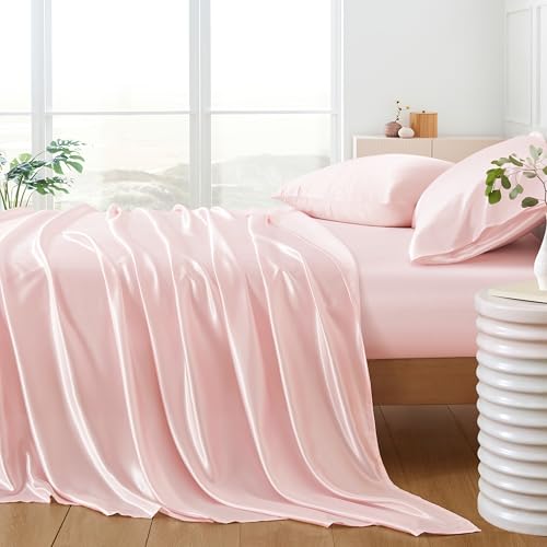 HommxJF 4Pcs Blush Pink Silk Twin Sheet Set - Satin Bedding With 1 Flat Sheet, 1 Deep Pocket Fitted Sheet, 2 Pillowcases With Envelope Closure - Silky Comforter Sheets HommxJF