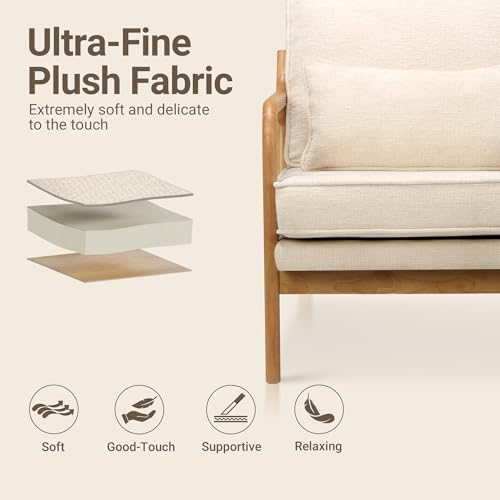 COLAMY Mid Century Modern Accent Chair Set of 2 with Lumbar Pillow, Relaxing Armchair with Solid Wood Frame & Soft Cushion, Reading Leisure Chair for Living Room(Beige) COLAMY