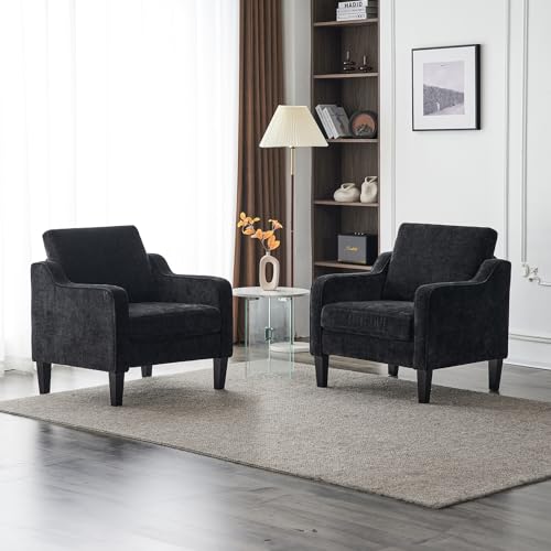 VINGLI Living Room Chairs Set of 2, Black Accent Chair 5.5" Thick Seat Cushion Comfy Chair Soft Chenille Side Chair Upholstered Arm Chair for Bedroom, Play Room, Apartment, Office (Black) VINGLI