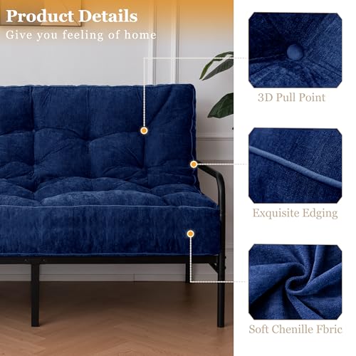 YOSHOOT 8 Inches Futon Mattress Full Size, Thick Futons Sofa Couch Bed, Chenille Fabric Floor Mattress for Adults, Shredded Foam Filling, Medium Firm(Frame Not Included), Blue, 54"x75" YOSHOOT
