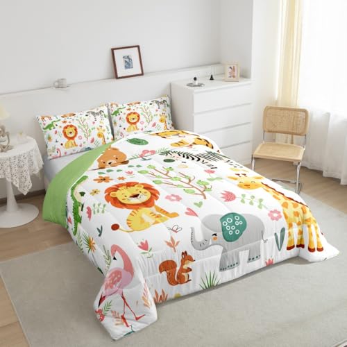 Feelyou Twin Size Cartoon Lions Giraffe Comforter Set Zoo Animals Bedding Set Flamingo Zebra Comforter for Kids Boys Girls Kawaii Animals Duvet Insert 2Pcs Feelyou