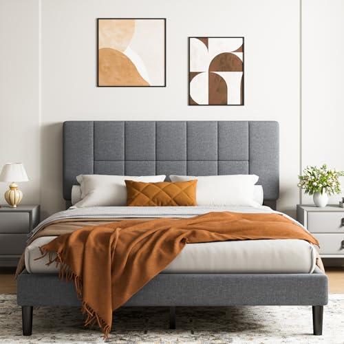 Marsail Full Size Bed Frame with Headboard, Sturdy and Durable with 12 Support Legs, 1300 lbs Capacity, Solid Wooden Upholstered Adjustable Headboard for 6"-12" Mattresses, Easy Assembly,Dark Gray Marsail