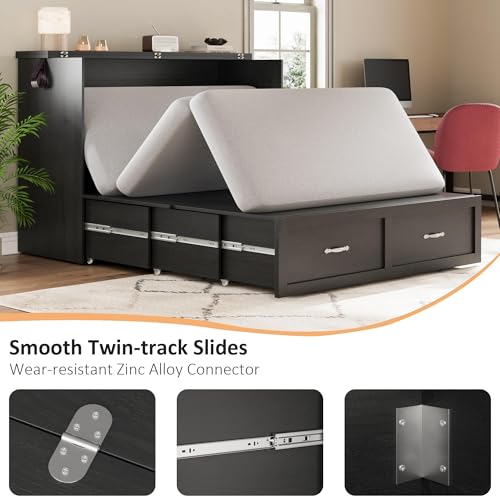 Harpaq Full Size Murphy Bed, Full Size Cabinet Bed Frame with Storage Drawer, Farmhouse Wooden Cabinet for Bedroom/Office/Guest Room, Black+Barnwood Harpaq