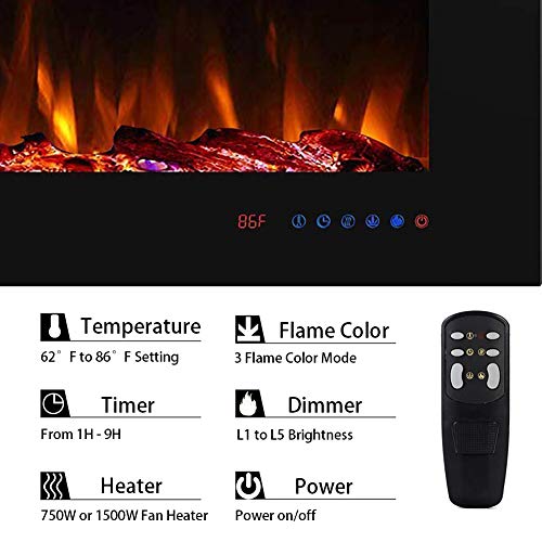 Masarflame 42" Recessed Electric Fireplace Insert, 5 Flame Settings, Log Set or Crystal Options, Temperature Control by Touch Panel & Remote, 750/ 1500W Heater, Black Masarflame
