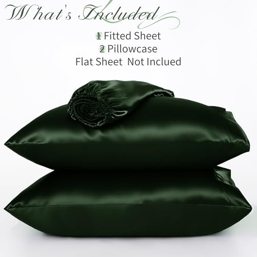 NSGZ 3 Pcs Satin Fitted Sheet and Pillowcase Set, Queen Silky Bottom Bedsheet Fit up to 15 Inch Deep Pocket Mattress, Dark Green Soft Satin Bedding Includes 1 Fitted Sheet and 2 Pillowcases NSGZ