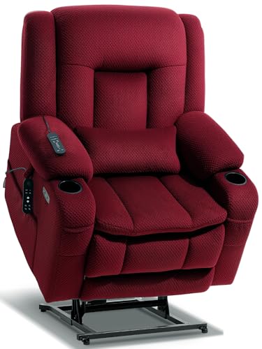 EONIX Lay Flat Power Lift Recliner Chair with Heat and Massage, Dual Motor Electric Lift Chair for Elderly for Postoperative Recovery, 400lbs Heavy Duty, Cup Holders, Lumbar Pillow, Burgundy