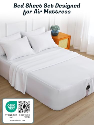 Extra Deep Pocket Twin Sheet Set for Air Mattress, 3 Piece Air Bed Sheets Set with 18-24 Inches Depth, Soft & Breathable Inflatable Bed Sheet Set with Flat Sheet, Fitted Sheet and Pillowcase, White Akicia