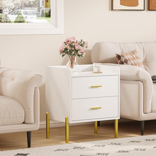 Vabches Nightstand with Built-in Charging Station, White Mid Century Modern Nightstand for Bedroom, Stylish End Tables for Lamps, Books Vabches