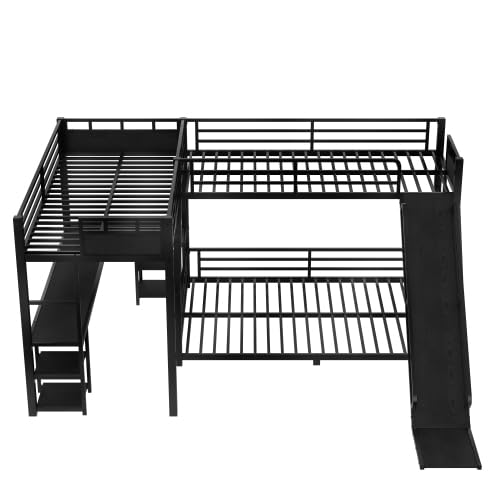 Metal Triple Bunk Beds with Slide, Desk and Storage Shelves, L-Shaped Twin XL Over Queen Bunk Bed with 2 Ladders and Guardrails for Kids Teens, Noise-Free Design (Black, Twin XL/Queen) CITYLIGHT