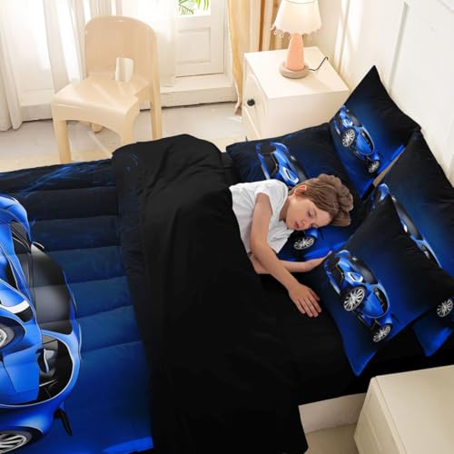 Feelyou Sports Car 7 Piece Bedding Set Blue Race Car Comforter Set with Sheets for Kids Boys Girls Extreme Sports Theme Bed in a Bag Cool Speed Luxury Car Decor Bed Set with 2 Pillowcases Full Feelyou