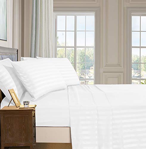 Elegant Comfort Best, Softest, Coziest 6-Piece Sheet Sets! - 1500 Premier Hotel Quality Luxurious Wrinkle Resistant 6-Piece Damask Stripe Bed Sheet Set, Queen White