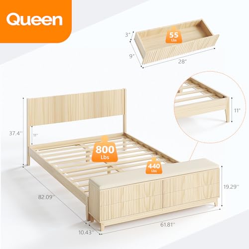 VINGLI Fluted Queen Bed Frame with Headboard and Storage Bench, Boho Wooden Single Platform Panel Bed with Wingback Headboard and 4 Drawers,Mid-Century Modern Sleign Bed,Beige VINGLI