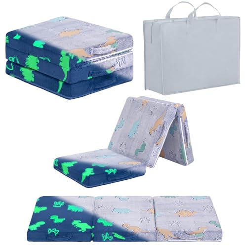 Givjoy Foldable Floor Mattress for Kids, Glow in The Dark Dinosaur Toddler Washable Folding Floor Mat for Nap Daycare, Child Trifold Futon Sofa Bed with Storage Bag for Playroom Girls and Boys Blue Givjoy