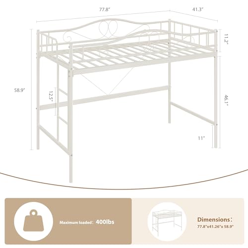 IDEALHOUSE Loft Bed Twin Size with Ladder & Full Safety Guardrail, Heavy Duty Metal Twin Loft Bed 400 Lbs Load Capacity, Space-Saving, Noise Free, No Box Spring Needed, Easy Assembly, Cream White IDEALHOUSE