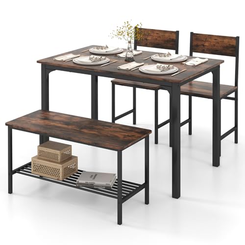 GOFLAME 4-Piece Dining Table Set for 4, Industrial Kitchen Table with 2 Chairs & Bench, Space-Saving Breakfast Table Set with Storage Shelf & Metal Frame, Wooden Dinette for Dining Room, Rustic Brown GOFLAME