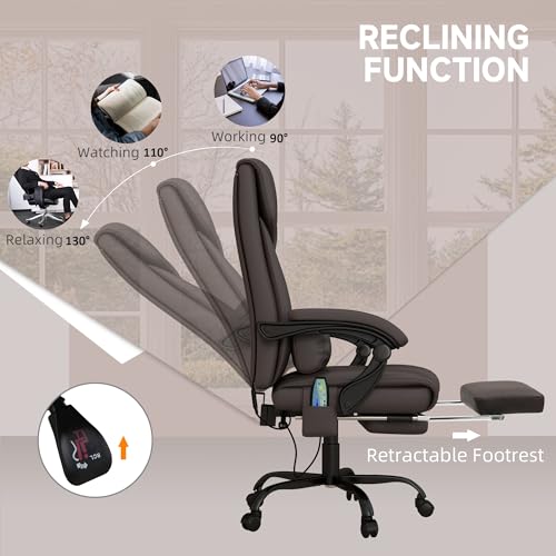 Vinsetto High Back Massage Office Chair with 6 Vibration Points, PU Leather Reclining Computer Chair, Ergonomic Desk Chair with Footrest Adjustable Height and Remote, Brown Vinsetto